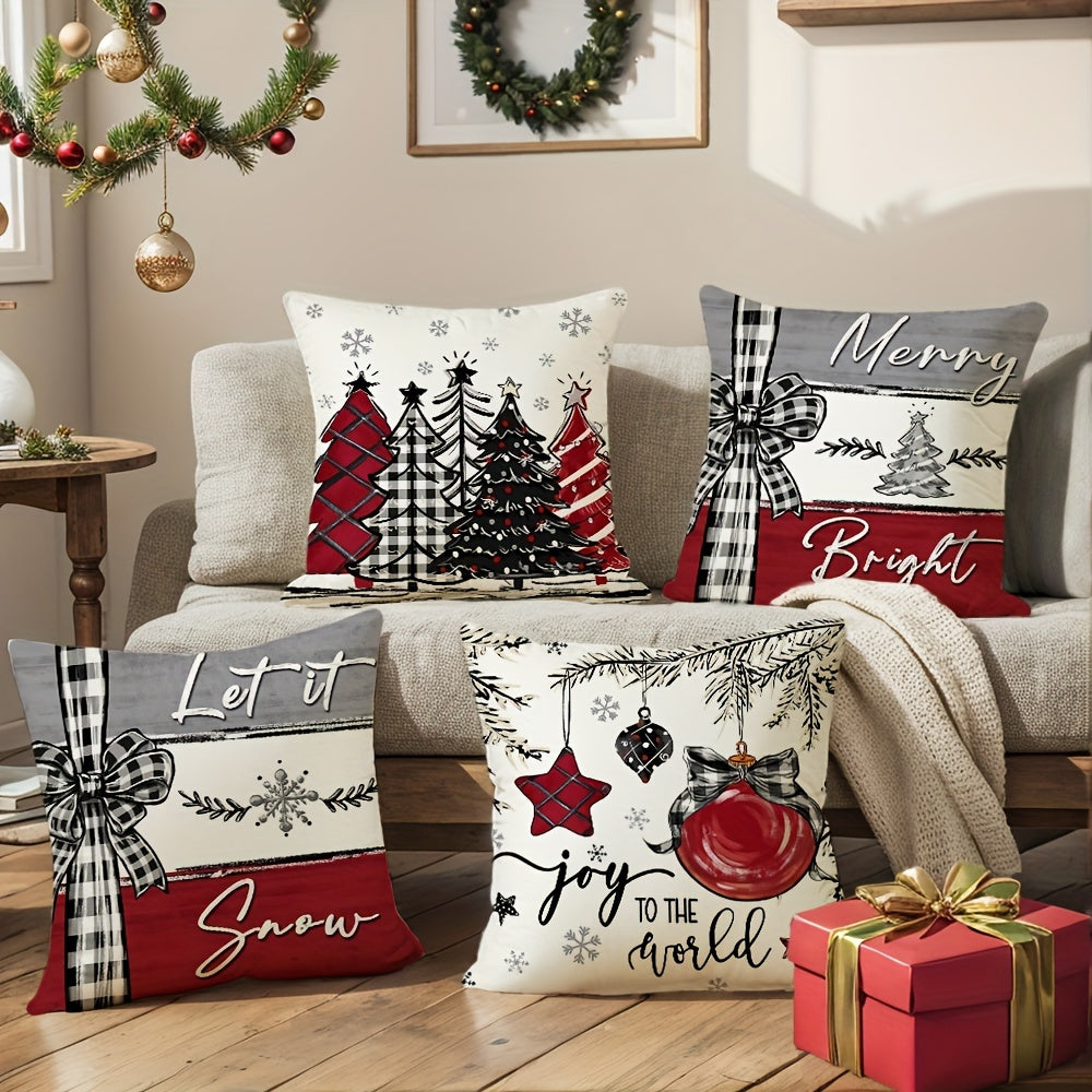 4 Pcs/set Christams Throw Pillow Cover With Four Design: Plaid Trees, Bows, And Messages Like Merry & Bright, Let It Snow; Red Black & White Tones Creates Cozy Holiday Feel, Home Decor, 17.7*17.7inch