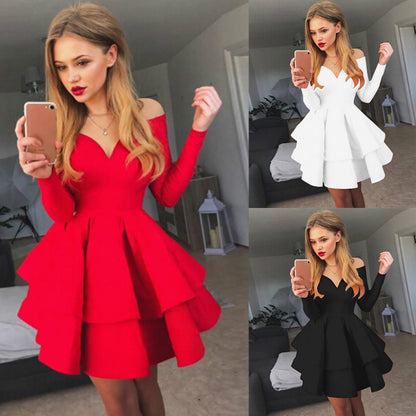 European and American New Women's Clothes  off-Shoulder Dress Sexy Elegant Deep V-neck Long Sleeve Princess Dress Evening Dress