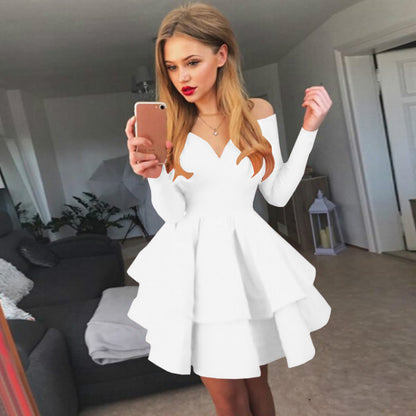 European and American New Women's Clothes  off-Shoulder Dress Sexy Elegant Deep V-neck Long Sleeve Princess Dress Evening Dress