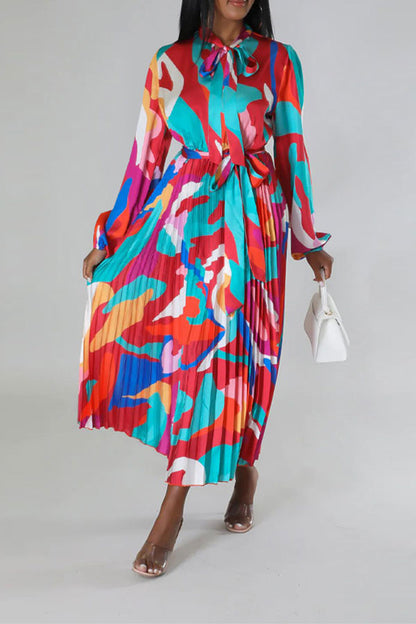 storexq Graphic Print Feminine Belted Pleated Midi Dress