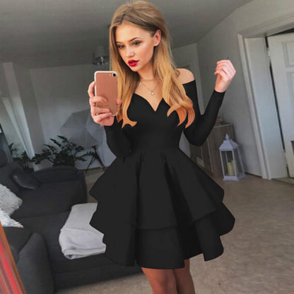 European and American New Women's Clothes  off-Shoulder Dress Sexy Elegant Deep V-neck Long Sleeve Princess Dress Evening Dress