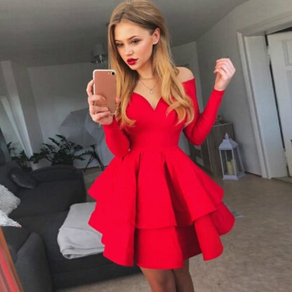 European and American New Women's Clothes  off-Shoulder Dress Sexy Elegant Deep V-neck Long Sleeve Princess Dress Evening Dress