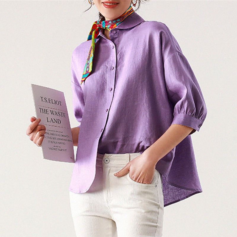 2025 Linen Peter Pan Collar Loose Women's Shirt, Women's Spring, Premium Shirt Purple Top  Women's