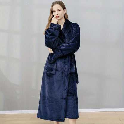 1pc Autumn And Winter Bathrobe, Soft And Skin-friendly Long Sleeve Bathrobe, Thickened Nightgown With Pocket, Warm Long Robe For Home, Bathroom Supplies