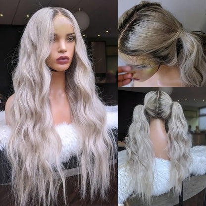 Brazilian 13x4 Ombre Grey Deep Wave Frontal Wig Colored Body Wave Lace Front Wig Transparent Synthetic Lace Wigs for Women