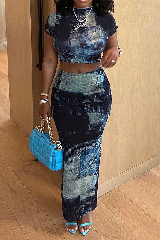 storexq Denim Print Hot Bodycon Skirt Suit