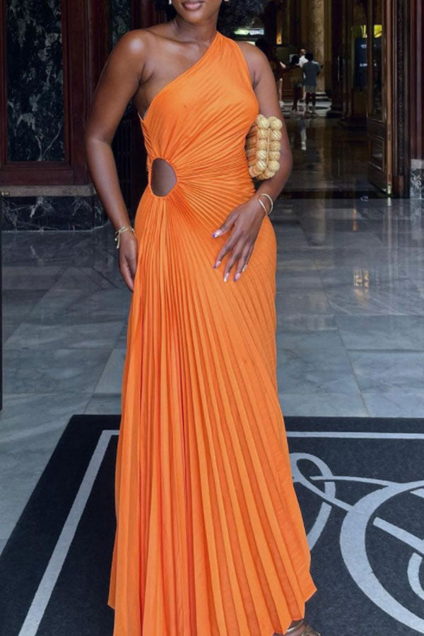 namcoverse Orange Cutout Stylish Pleated Asymmetric Maxi Dress