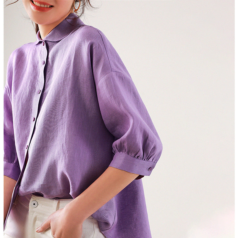 2025 Linen Peter Pan Collar Loose Women's Shirt, Women's Spring, Premium Shirt Purple Top  Women's