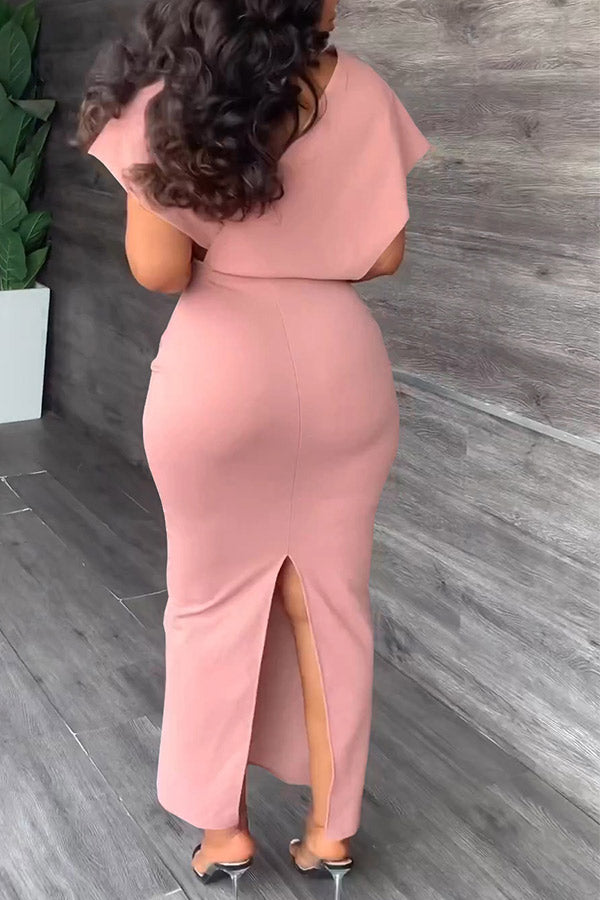 storexq Solid Color Feminine High Split Midi Dress