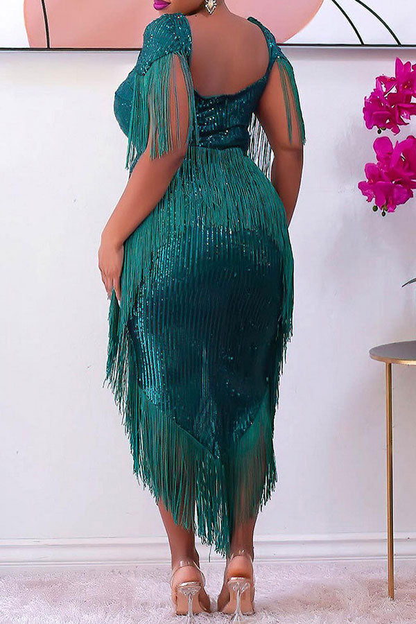 storexq Sequined Luxe Tassel Irregular Midi Dress