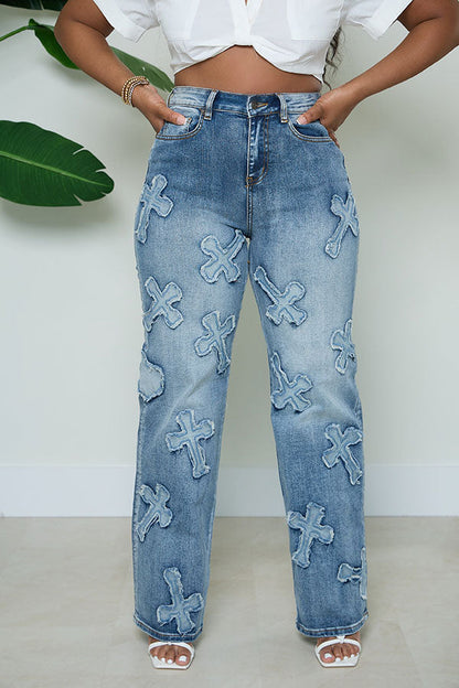 storexq Cross Applique Stylish Gradient Jeans