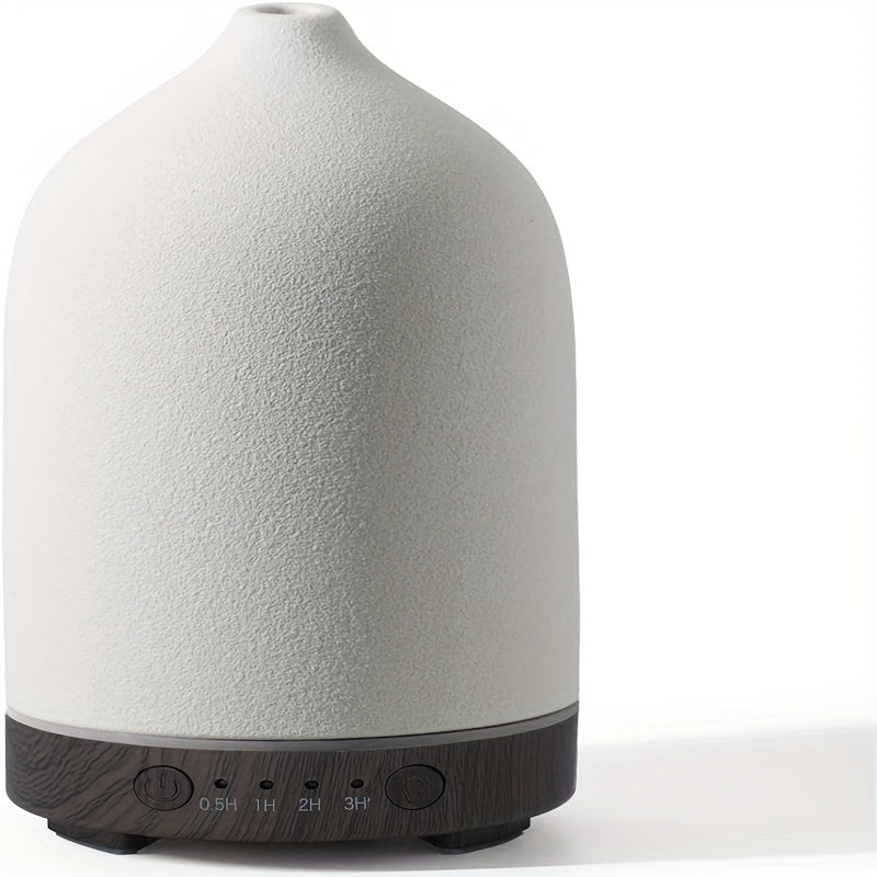 160ML Ceramic Essential Oil Diffuser - Aromatherapy Humidifier for Home Bedroom - Stone Pattern Yellow Wood Base, Air Purifying, Moisturizing, and Fragrance Diffusing