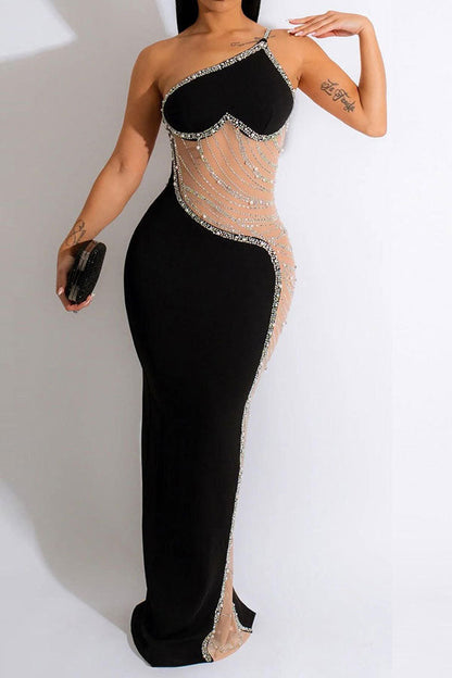 namcoverse Rhinestone Trim Rocking Mesh Patchwork Maxi Dress