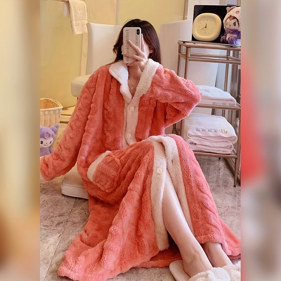 1pc Plush Coral Fleece Bathrobe - Soft, Thickened, Long Sleeve Nightgown for Women - Luxurious Sleepwear and Loungewear for Autumn and Winter - Bathroom Essentials