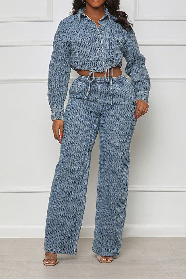 storexq Checked Denim Retro Drawstring Pant Suit