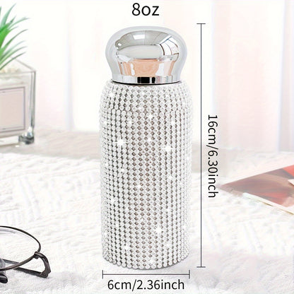 1pc, Sparkling Studded Vacuum Flask, 6oz/8oz Stainless Steel Insulated Water Bottles, Mini Travel Thermal Cups, For Hot And Cold Beverages, Summer Winter Drinkware, Christmas Gifts, Valentine's Day Gifts