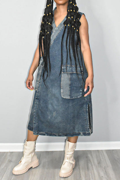 namcoverse Patchwork Urban Lace-Up Denim Midi Dress