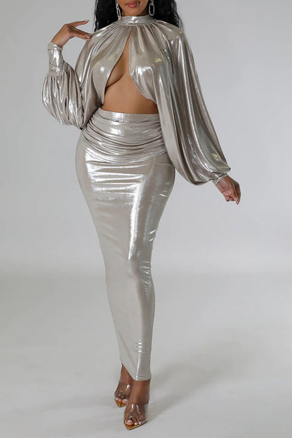 storexq Metallic Glistening High Split Irregular Skirt Suit