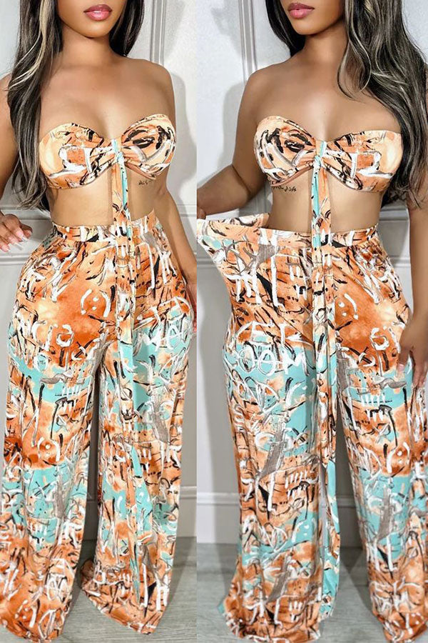 storexq Graffiti Print Beachy Bandeau Lace-Up Pant Suit