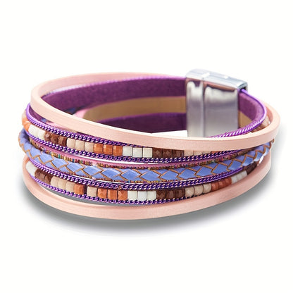 1pc Bohemian Multilayer Faux Leather Bracelet - Chic Magnetic Clasp - Versatile Accessory for Casual & Party Wear