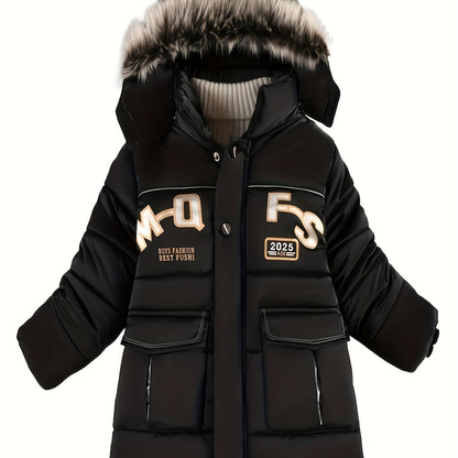 Boys Winter Hooded Long Coat With Fur Collar, Light Warm Jacket Cute Hooded Outerwear