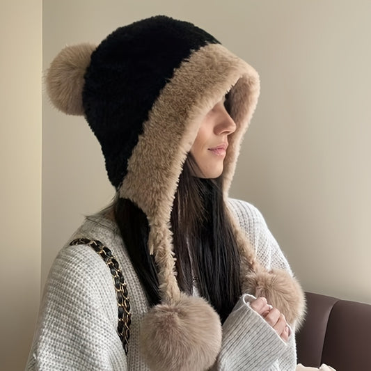 Cozy Winter Beanie with Ear Flaps - Cute Plush Pom-Pom, Thick Fleece Lined Knit Hat for Women, Stretchy Cotton, Hand Washable