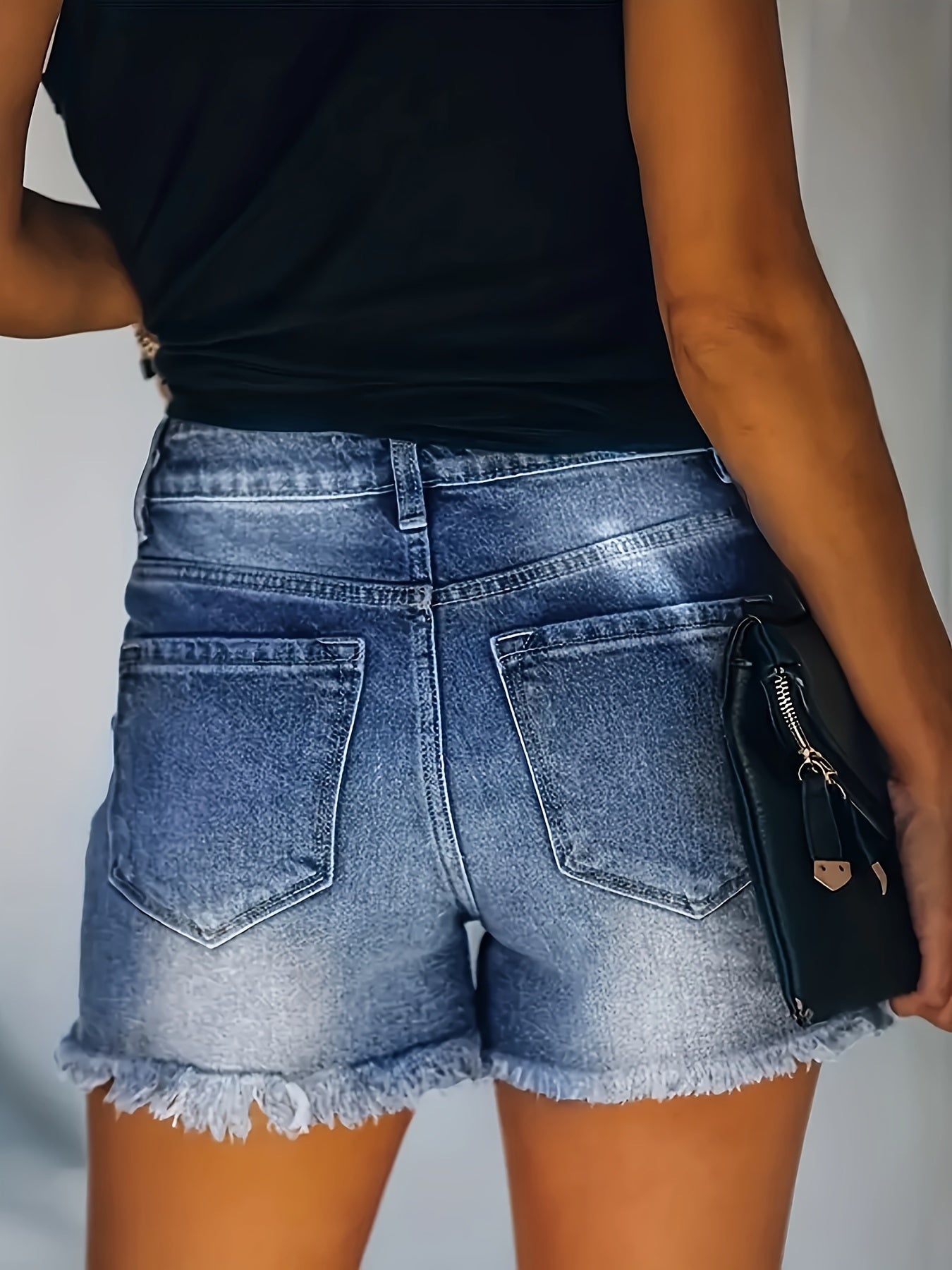 Fashion-Forward Womens Ripped Denim Shorts - Distressed Raw Hem, Trendy Washed Finish, Strategic Ripped Holes, Practical Slash Pockets - Premium Denim Casual Pants for Stylish Wardrobe