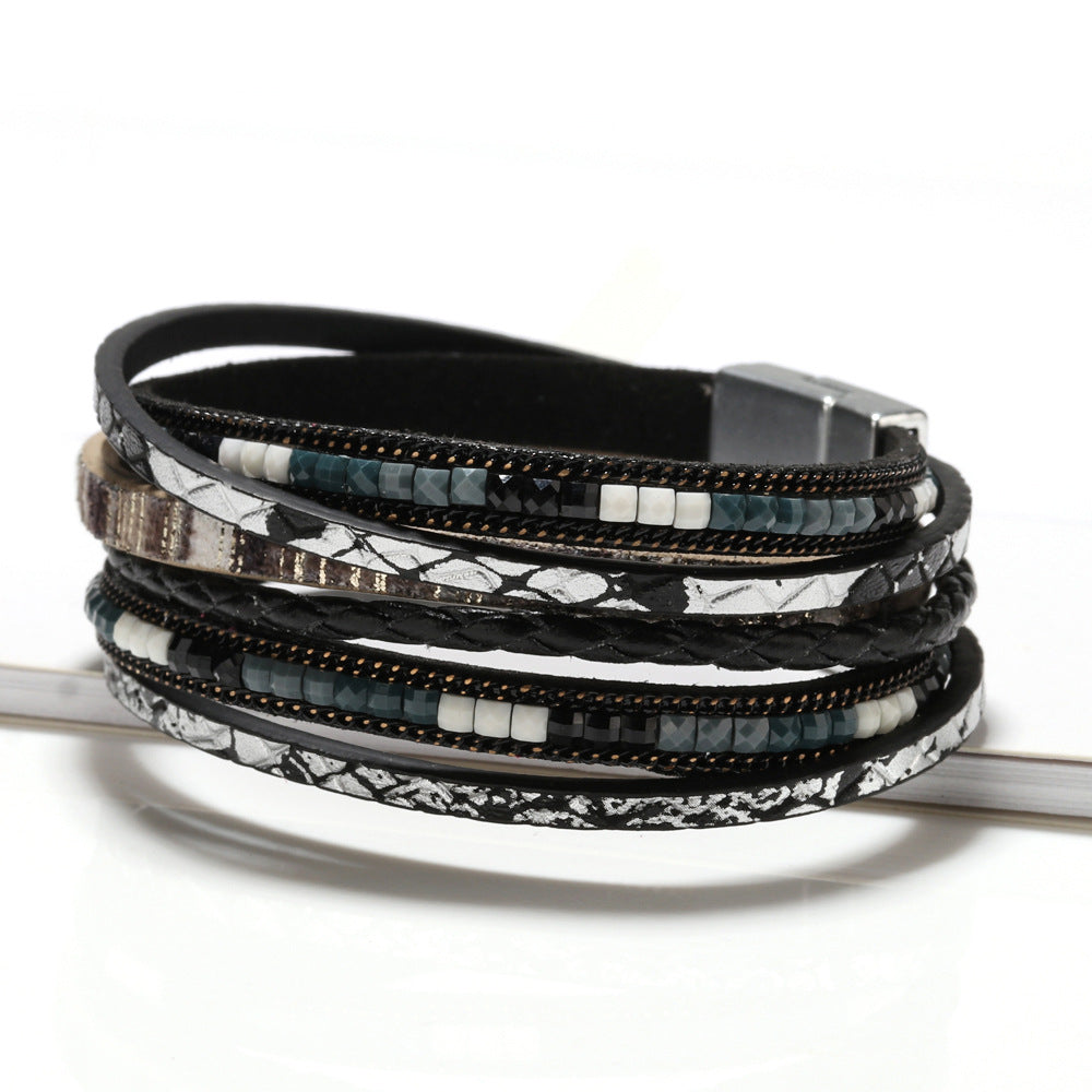 1pc Bohemian Multilayer Faux Leather Bracelet - Chic Magnetic Clasp - Versatile Accessory for Casual & Party Wear