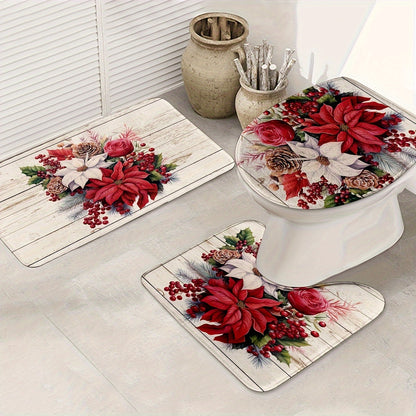 3pcs/set Christmas Flower Pine Cones Printed Floor Mat, Three-piece Bathroom Mat Set, Non-slip Mat, Water-absorbent Mat, Toilet Lid Mat, Toilet U-shaped Mat, Floor Rugs christmas decorations