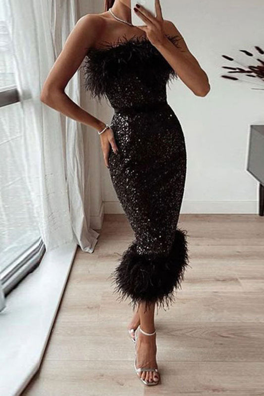 storexq Feather Patchwork Glistening Sequined Midi Dress