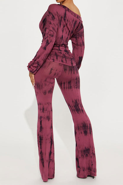 storexq Splash Ink Print Slash Neck Modern Ruched Pant Suit