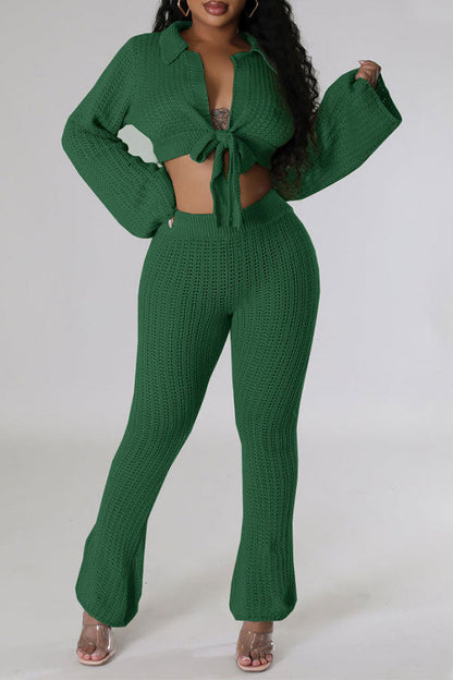 storexq Solid Color Tie Front Simple Knitted Pant Suit