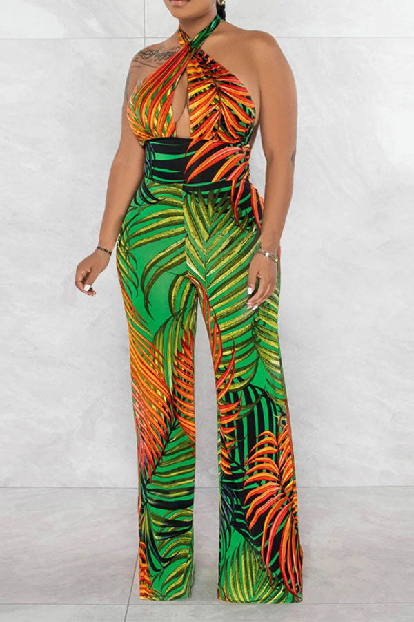 storexq Leaf Print Tropical Backless Lace-Up Jumpsuit