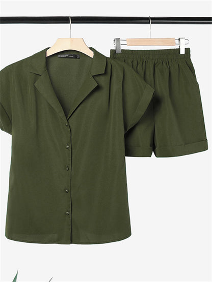 Chic Women's Casual Two-Piece Set - Open Lapel Top & High-Waist Shorts, Solid Color, Durable & Easy-Care