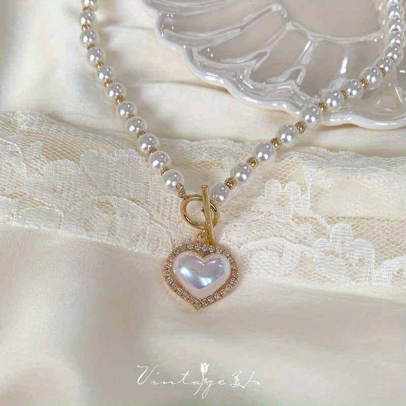 Super Fairy Temperament Imitation Pearl Love Necklace Sweet Elegant Minimalist OT Buckle Clavicle Chain Women Versatile Daily Banquet Party Wear Jewelry