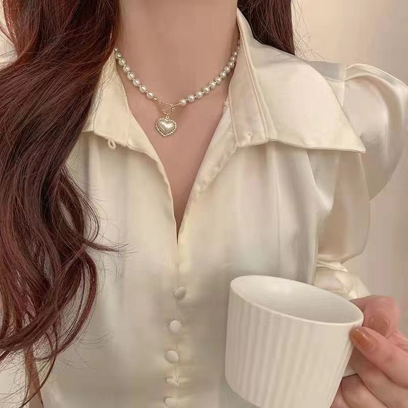 Super Fairy Temperament Imitation Pearl Love Necklace Sweet Elegant Minimalist OT Buckle Clavicle Chain Women Versatile Daily Banquet Party Wear Jewelry