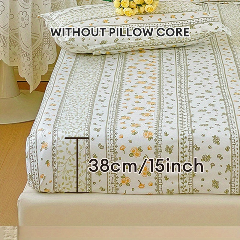 3-Piece Floral Fitted Sheet Set - Soft, Breathable, Non-Slip, Machine Washable Mattress Dust Cover with Deep Pockets, Pastoral Garden Flower Pattern, Vertical Stripe Design, Includes 1 Flat Sheet + 2 Pillowcases, Hypoallergenic, Dust Mite Resistant, Easy