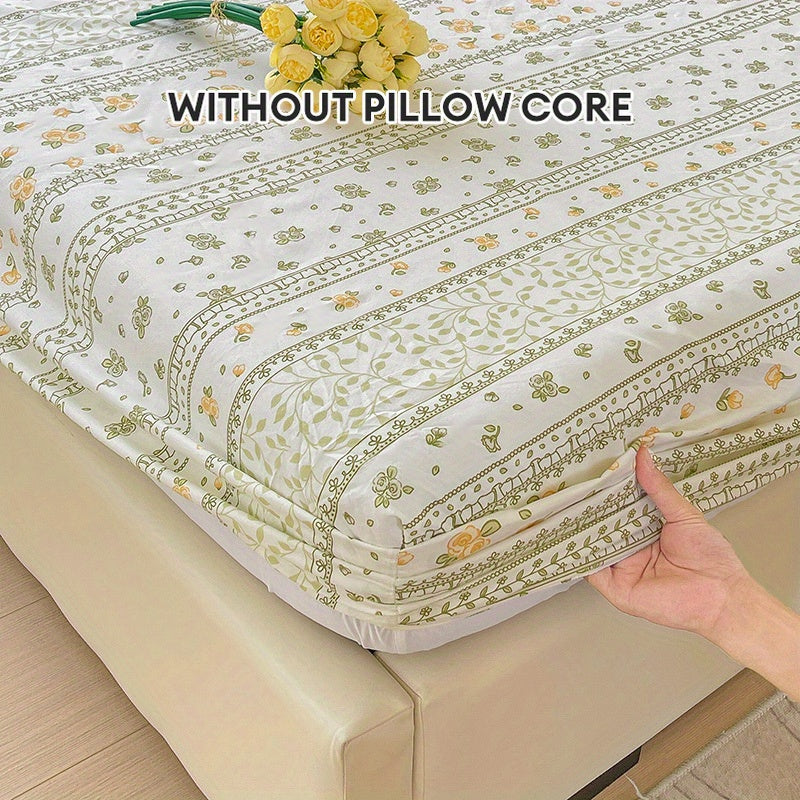 3-Piece Floral Fitted Sheet Set - Soft, Breathable, Non-Slip, Machine Washable Mattress Dust Cover with Deep Pockets, Pastoral Garden Flower Pattern, Vertical Stripe Design, Includes 1 Flat Sheet + 2 Pillowcases, Hypoallergenic, Dust Mite Resistant, Easy