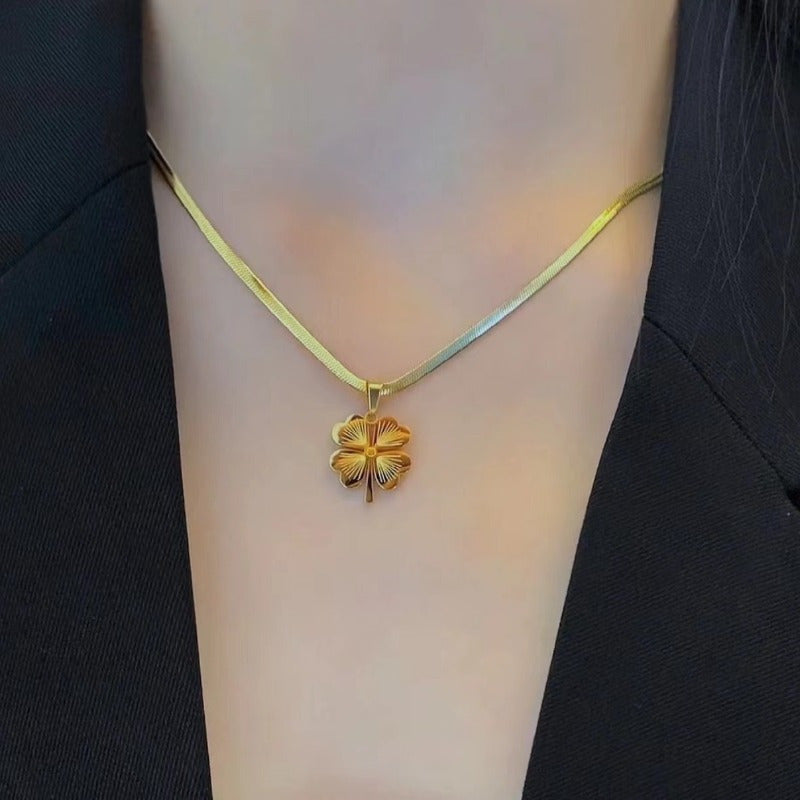 24K Gold Plated Titanium Steel Four-Leaf Clover Pendant Necklace, Laser Engraved, Elegant Design, Luxurious, Non-Tarnish, Vacation Style Sweater Chain for Women