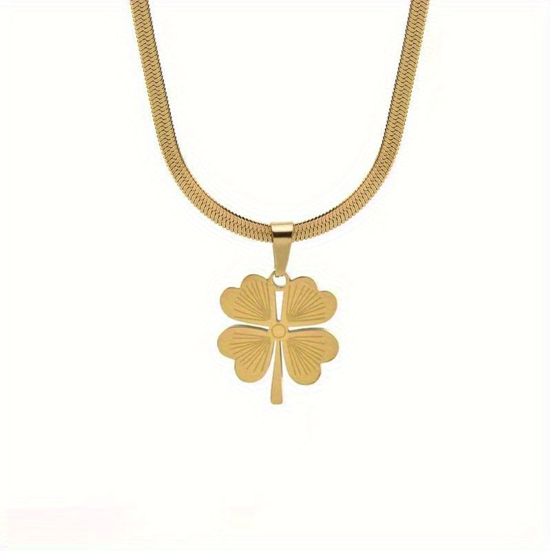 24K Gold Plated Titanium Steel Four-Leaf Clover Pendant Necklace, Laser Engraved, Elegant Design, Luxurious, Non-Tarnish, Vacation Style Sweater Chain for Women