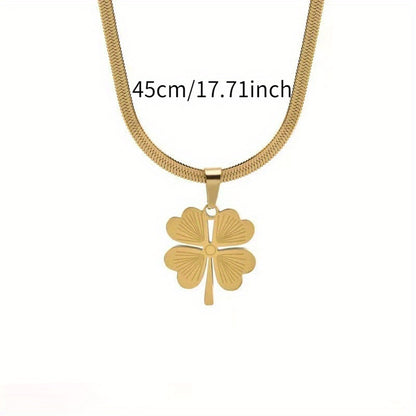 24K Gold Plated Titanium Steel Four-Leaf Clover Pendant Necklace, Laser Engraved, Elegant Design, Luxurious, Non-Tarnish, Vacation Style Sweater Chain for Women