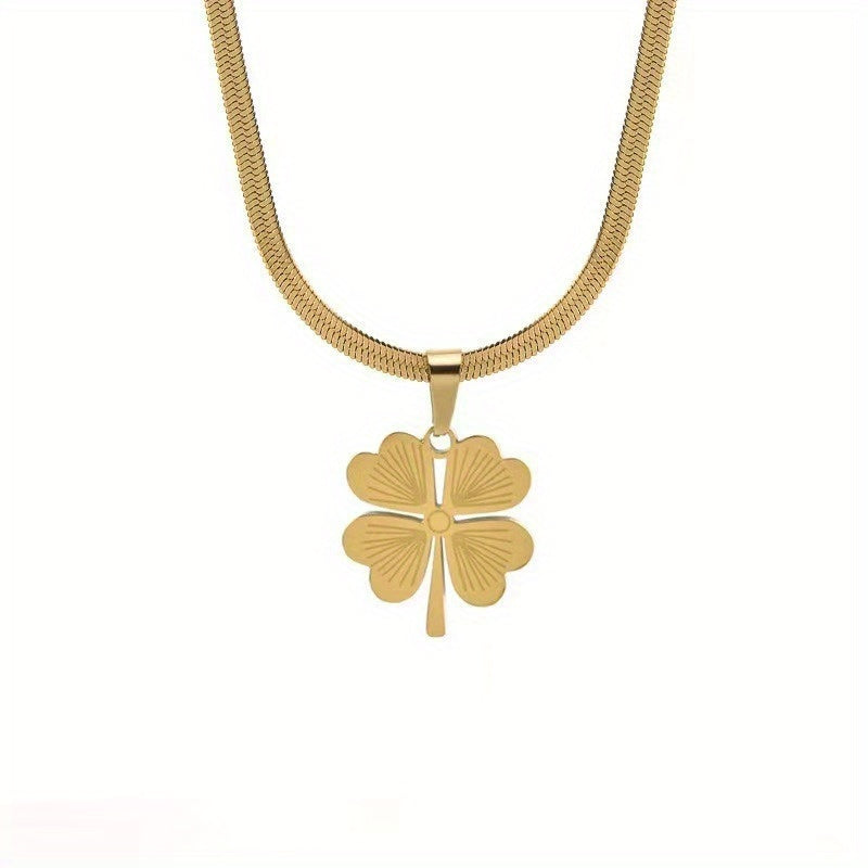 24K Gold Plated Titanium Steel Four-Leaf Clover Pendant Necklace, Laser Engraved, Elegant Design, Luxurious, Non-Tarnish, Vacation Style Sweater Chain for Women