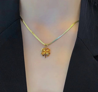 24K Gold Plated Titanium Steel Four-Leaf Clover Pendant Necklace, Laser Engraved, Elegant Design, Luxurious, Non-Tarnish, Vacation Style Sweater Chain for Women