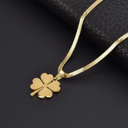 24K Gold Plated Titanium Steel Four-Leaf Clover Pendant Necklace, Laser Engraved, Elegant Design, Luxurious, Non-Tarnish, Vacation Style Sweater Chain for Women