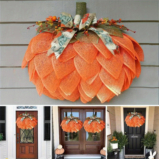 2PCS Burlap Fall Wreath, Pumpkin Wreath for Front Door, Thanksgiving and Halloween Autumn Holiday Decoration