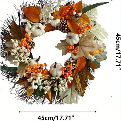 17.7inch White Pumpkins Fall Wreaths for Front Door with Pine Cones, Maple Leaf, and Berries Bunch Decoration for Thanksgiving Harvest Festival Indoor/Outdoor