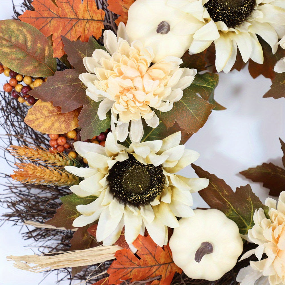 17.7inch White Pumpkins Fall Wreaths for Front Door with Pine Cones, Maple Leaf, and Berries Bunch Decoration for Thanksgiving Harvest Festival Indoor/Outdoor