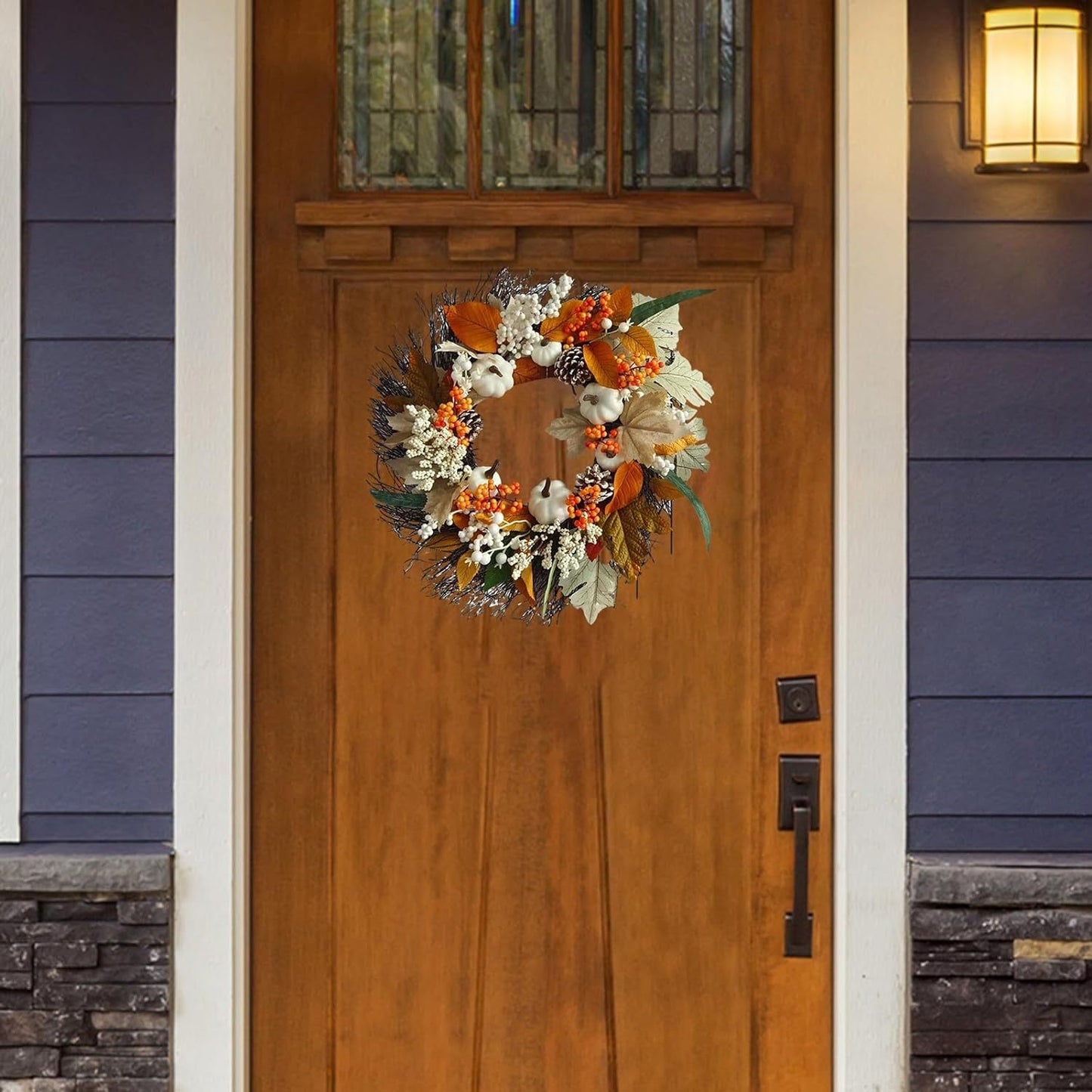 17.7inch White Pumpkins Fall Wreaths for Front Door with Pine Cones, Maple Leaf, and Berries Bunch Decoration for Thanksgiving Harvest Festival Indoor/Outdoor