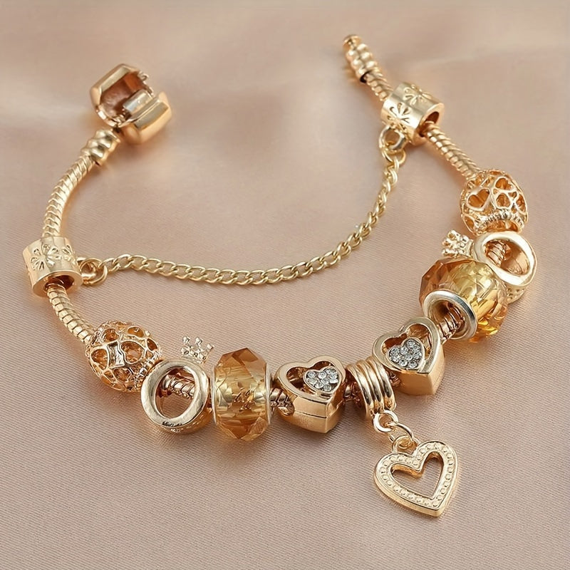 1PC Luxurious Gold-Plated Alloy Bracelet for Women | DIY Color-Protected Beaded Charms | Fashionable Love Charm Bracelet | Valentine's Day Gift Idea | Includes Elegant Gift Box | Premium Jewelry Accessory