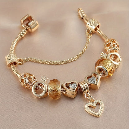 1PC Luxurious Gold-Plated Alloy Bracelet for Women | DIY Color-Protected Beaded Charms | Fashionable Love Charm Bracelet | Valentine's Day Gift Idea | Includes Elegant Gift Box | Premium Jewelry Accessory